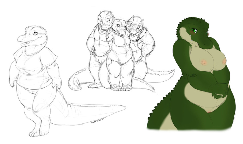 2012 alligator anthro big_breasts blush breasts chubby clothing conditional_dnp female fgs green_eyes group looking_at_viewer nipples nude panties pants pussy reptile ridges scalie sefeiren shirt simple_background solo underwear white_background
