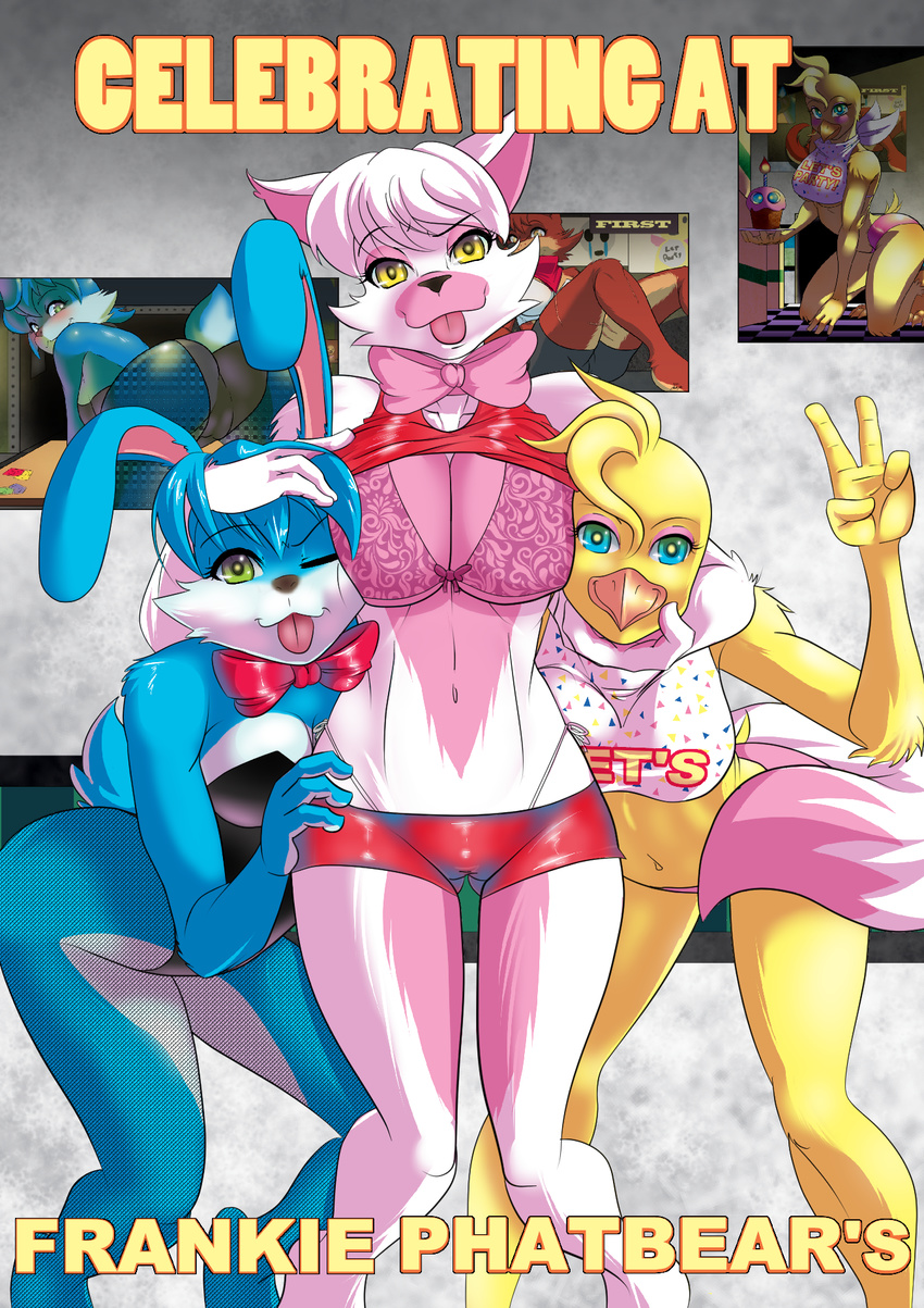 2015 anthro avian big_breasts bird blue_fur bow_tie breasts butt canine chicken cleavage clothed clothing crossgender cupcake_(fnaf) feathers female five_nights_at_freddy's five_nights_at_freddy's_2 fox foxy_(fnaf) fur group lagomorph looking_at_viewer mammal mangle_(fnaf) multicolored_fur pink_fur rabbit smile the-unicorn-lord tongue tongue_out toy_bonnie_(fnaf) toy_chica_(fnaf) tuft video_games white_fur yellow_feathers