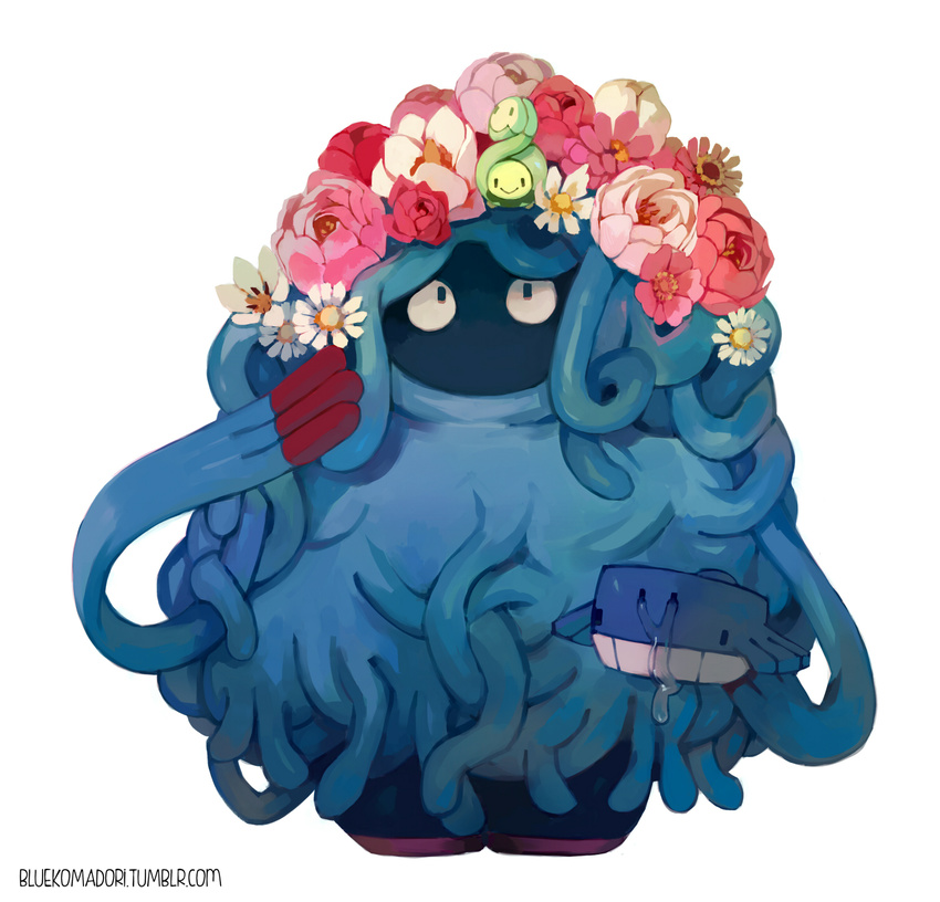 bucket budew commentary daisy flower full_body gen_3_pokemon gen_4_pokemon highres holding holding_bucket looking_down looking_up no_humans pink_flower pink_rose pokemon pokemon_(creature) rose simple_background smile spilling standing tangrowth wailmer watermark web_address white_background