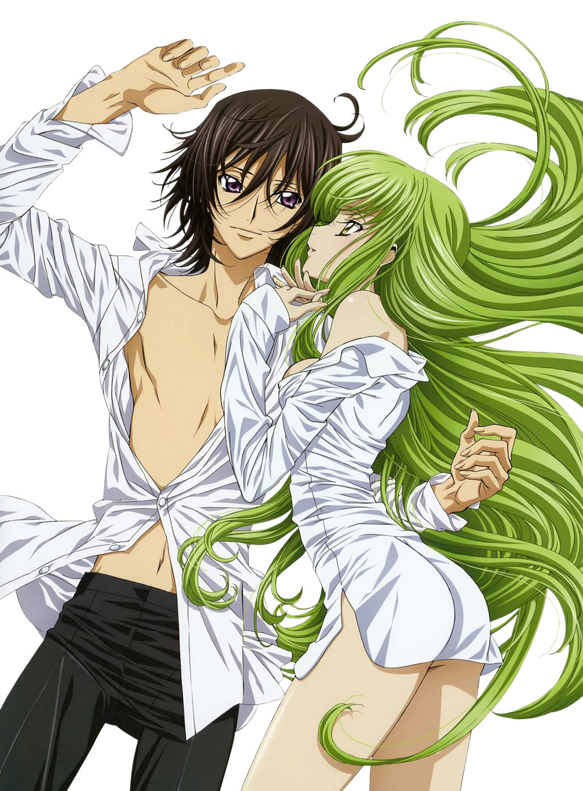 1girl breasts brown_hair c.c. code_geass dress_shirt extraction eye_contact green_hair hetero highres lelouch_lamperouge long_hair looking_at_another medium_breasts naked_shirt navel open_mouth purple_eyes shirt transparent_background very_long_hair yellow_eyes