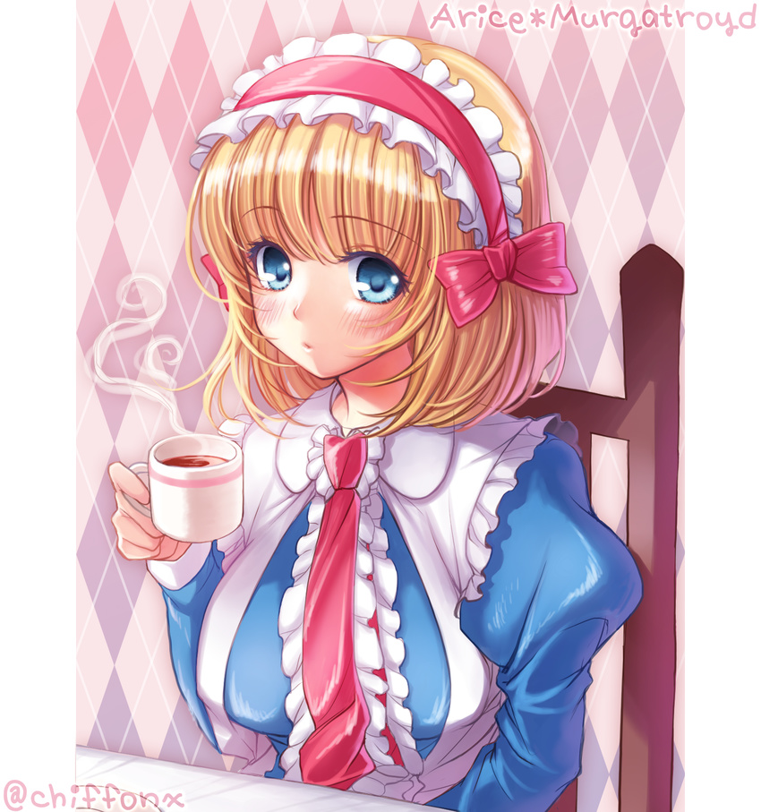 alice_margatroid argyle argyle_background artist_name blonde_hair blue_eyes blush character_name cup engrish hairband highres mii@chiffonx ranguage short_hair solo touhou