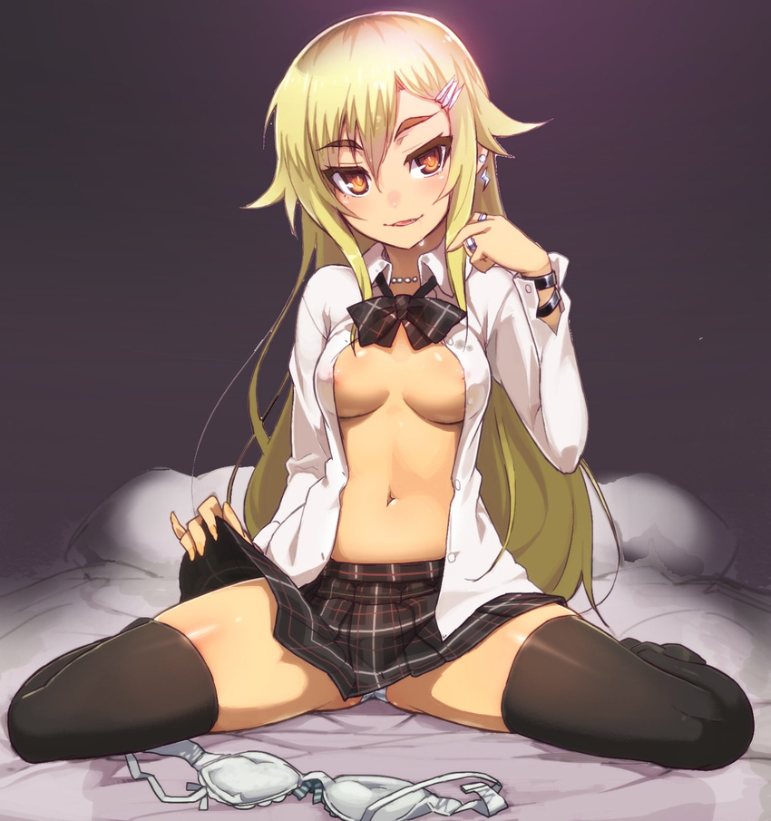 areola_slip areolae ashikaga_chachamaru black_legwear blonde_hair blush bra bra_removed breasts earrings hair_flaps highres jewelry long_hair medium_breasts navel ookuma_(nitroplus) open_clothes open_shirt orange_eyes panties pillarboxed shirt sitting skirt skirt_lift solo soukou_akki_muramasa striped striped_panties thighhighs underwear wariza white_shirt