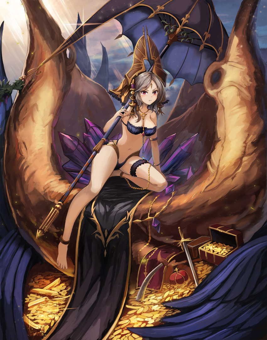 anklet armlet bangs barefoot between_breasts blue_background blue_panties blush breasts chain cleavage closed_mouth cloud coin crown crystal eruthika feathers forehead_jewel frown full_body garters gold gold_bar gold_chain granblue_fantasy hair_ornament hair_tubes headwear headwear_removed highres holding holding_weapon jewelry lens_flare looking_at_viewer manonas medium_breasts navel necklace one_knee outdoors panties parted_bangs purple_eyes short_hair silver_hair sky solo striped sunlight sword thighlet treasure_chest underwear weapon
