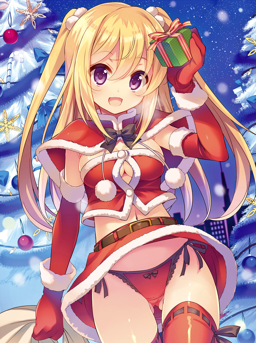 :d arm_up ass_visible_through_thighs blonde_hair bow bow_panties breasts breath capelet christmas christmas_tree cleavage dengeki_moeou elbow_gloves fur_trim gift gloves highres looking_at_viewer medium_breasts navel night night_sky open_mouth panties pantyshot pantyshot_(standing) purple_eyes red_capelet red_gloves red_legwear red_panties ribbon-trimmed_legwear ribbon_trim sack santa_costume scan side-tie_panties skirt sky smile snowing solo standing strapless takei_ooki thighhighs tubetop twintails two_side_up underwear