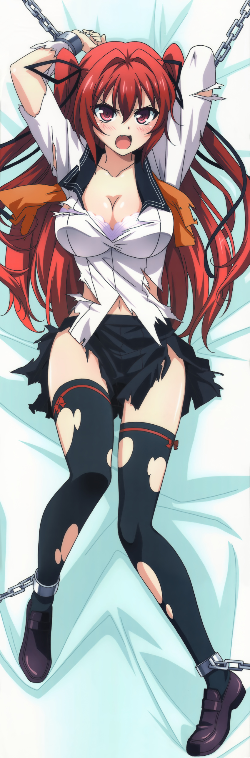 absurdres angry bdsm blush bondage bound bra breasts chain cleavage dakimakura full_body highres huge_filesize large_breasts long_hair naruse_mio official_art open_clothes open_shirt red_eyes red_hair ribbon school_uniform shinmai_maou_no_testament shirt solo thighhighs torn_clothes twintails underwear