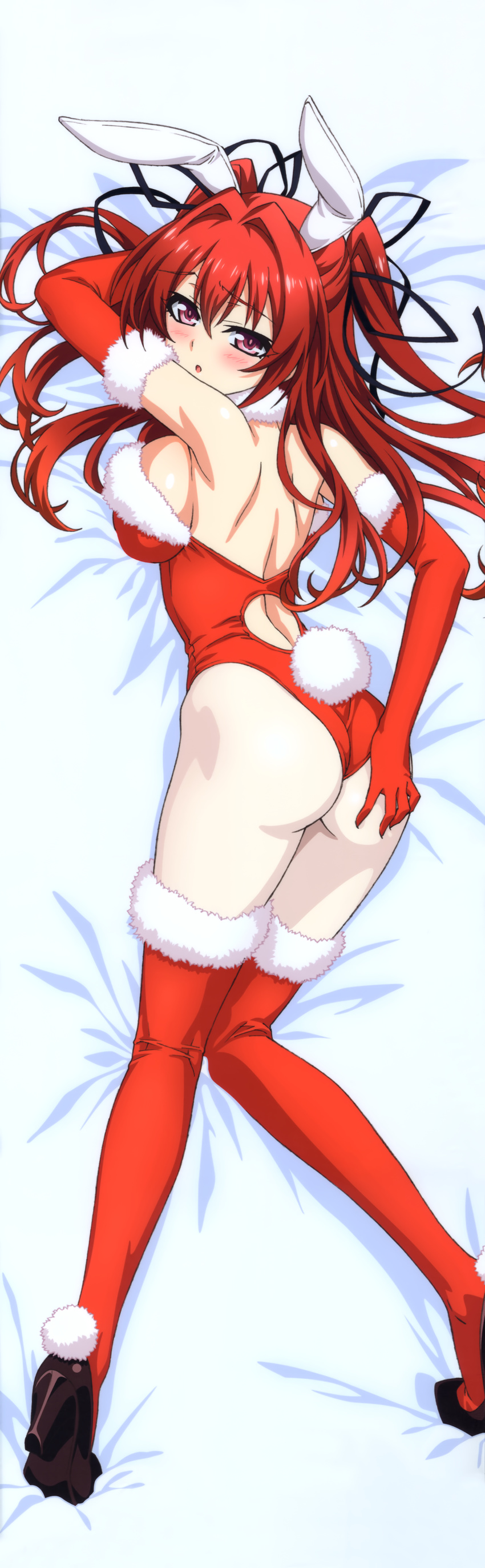 absurdres ass ass_grab blush bunnysuit dakimakura elbow_gloves full_body gloves grabbing_own_ass high_heels highres huge_filesize long_hair naruse_mio official_art open_mouth pantyhose red_eyes red_gloves red_hair ribbon shinmai_maou_no_testament solo thighhighs twintails white_legwear