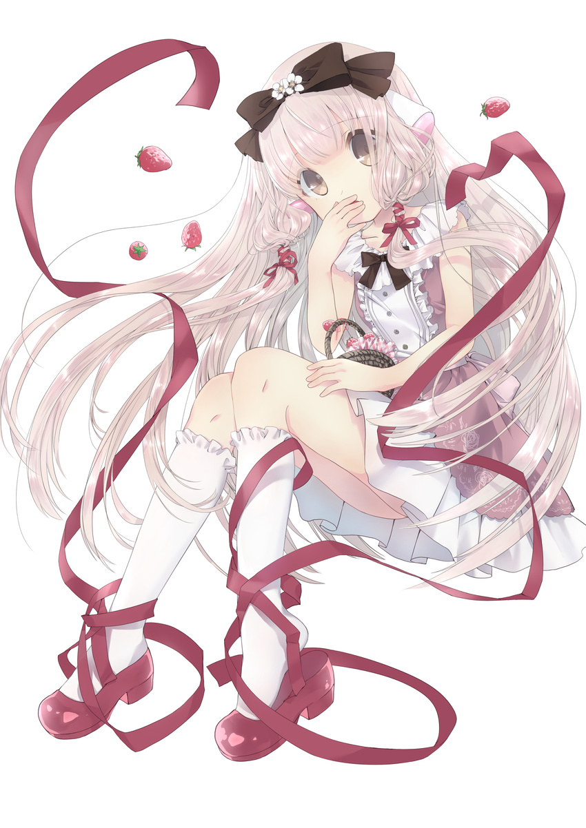 :o absurdres bangs basket blunt_bangs bow bowtie brown_eyes brown_ribbon chii chobits commentary_request covering_mouth cross-laced_footwear dress food fruit full_body hair_ribbon hairband heath_(artist) highres kneehighs lolita_fashion long_hair pink_dress pink_hair platinum_blonde_hair red_footwear red_ribbon ribbon robot_ears shoe_dangle shoes sidelocks sitting solo strawberry sweet_lolita tress_ribbon very_long_hair white_background white_legwear