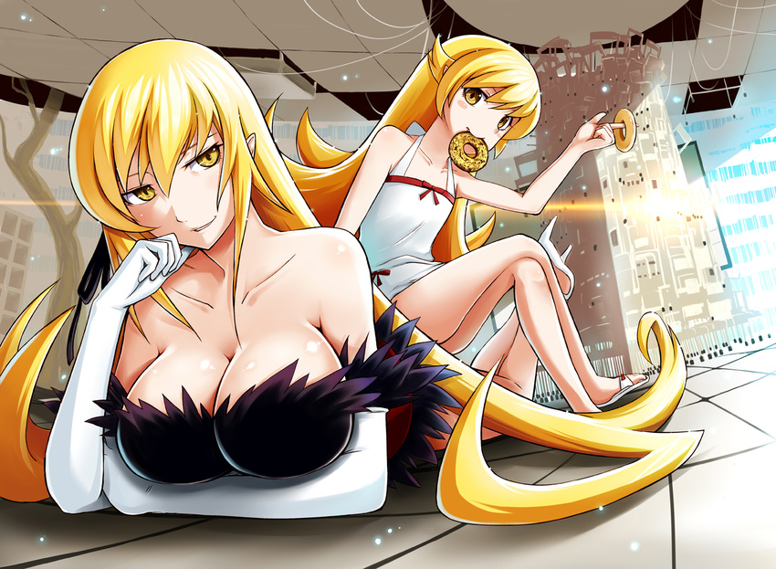 bakemonogatari bare_shoulders blonde_hair breasts chin_rest cleavage collarbone crossed_legs doughnut dress dual_persona elbow_gloves food gloves kiss-shot_acerola-orion_heart-under-blade large_breasts long_hair long_legs looking_at_viewer lying md5_mismatch monogatari_(series) mouth_hold multiple_girls on_stomach oshino_shinobu sandals sitting yellow_eyes yuki_mizore