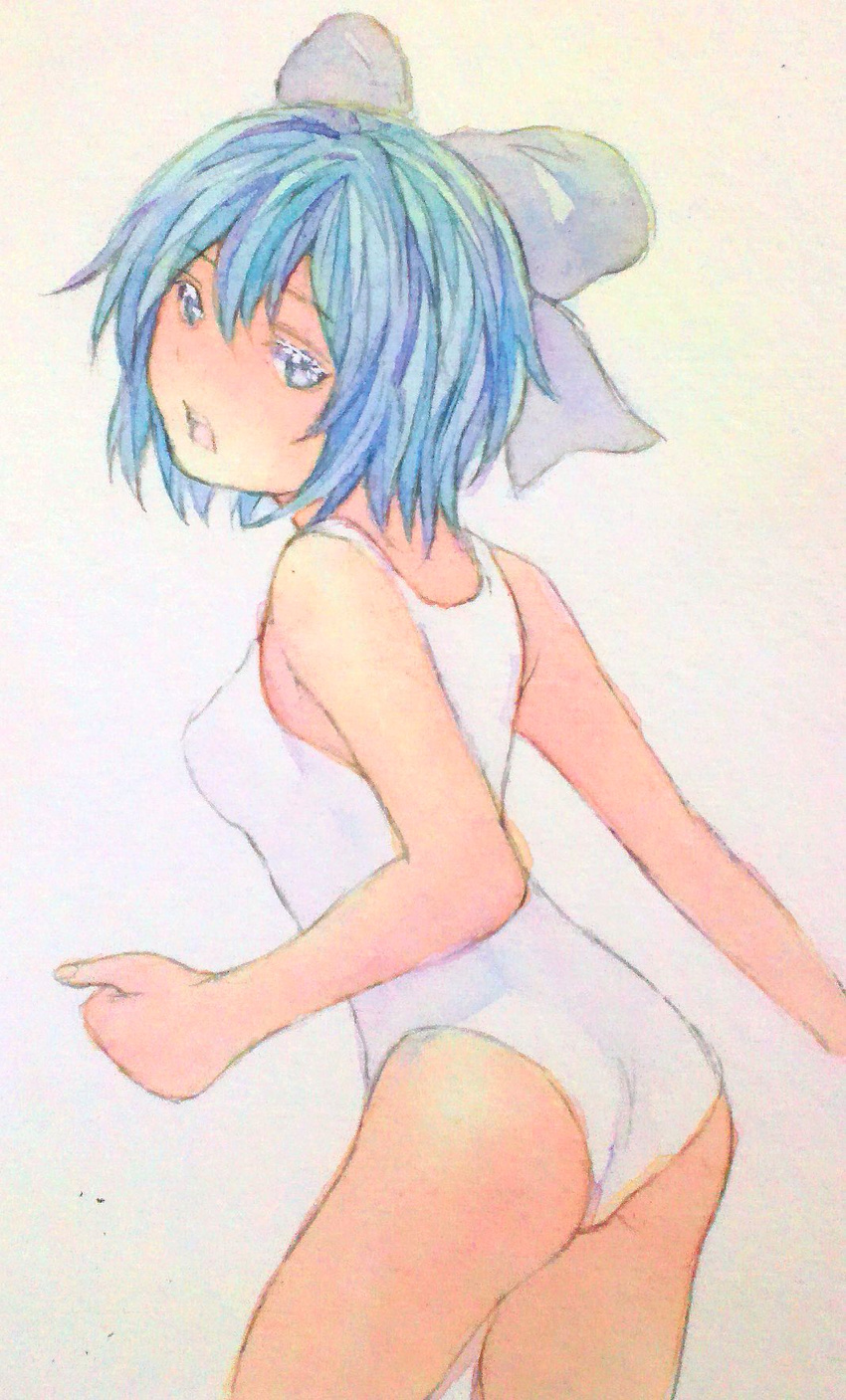ass blue_eyes bow breasts cirno clenched_hand cowboy_shot from_behind from_side grey_background hair_bow highres leaning_forward looking_at_viewer looking_back one-piece_swimsuit open_mouth short_hair small_breasts solo swimsuit touhou traditional_media watercolor_(medium) white_swimsuit yuyu_(00365676)