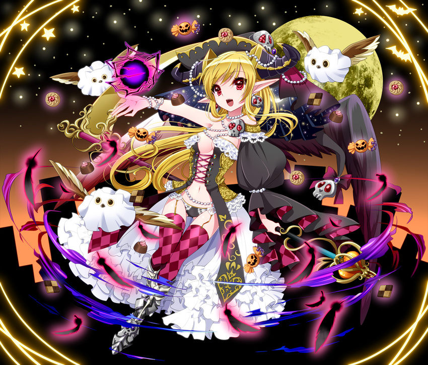 :d bad_id bad_pixiv_id blonde_hair breasts candy cleavage cookie corset detached_sleeves earrings food horns jewelry lilith_(p&amp;d) long_hair medium_breasts midriff myutsusama navel open_mouth pointy_ears puzzle_&amp;_dragons red_eyes single_earring single_sleeve skull_earrings smile solo staff thighhighs wings zettai_ryouiki
