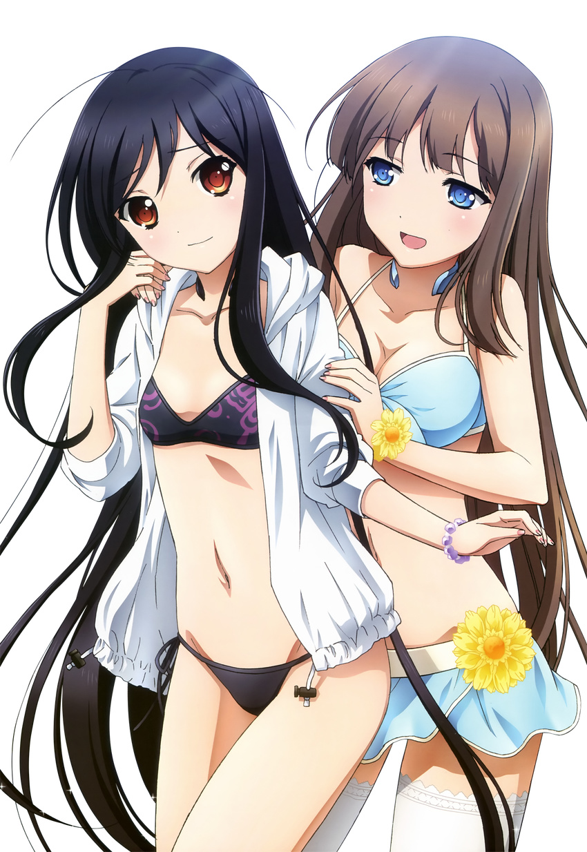 accel_world bikini black_bikini black_hair blue_bikini blue_eyes brown_eyes brown_hair flat_chest flower highres jacket kurasaki_fuuko kuroyukihime long_hair multiple_girls navel official_art open_clothes open_jacket open_mouth side-tie_bikini smile swimsuit thighhighs white_legwear