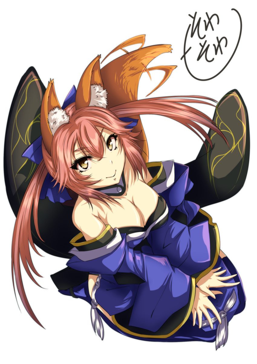 animal_ears bare_shoulders blue_legwear bow breasts cleavage detached_sleeves fate/extra fate_(series) fox_ears fox_tail grimjin hair_bow hair_ribbon highres japanese_clothes large_breasts long_hair looking_up pink_hair ribbon sitting solo tail tamamo_(fate)_(all) tamamo_no_mae_(fate) thighhighs translation_request twintails yellow_eyes