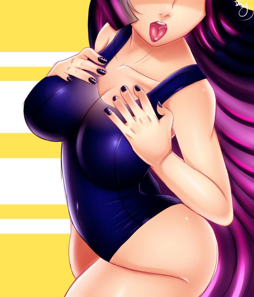 breasts cleavage head_out_of_frame heart highres jassycoco large_breasts long_hair multicolored_hair one-piece_swimsuit panty_&amp;_stocking_with_garterbelt pink_hair purple_hair solo stocking_(psg) swimsuit tongue tongue_out