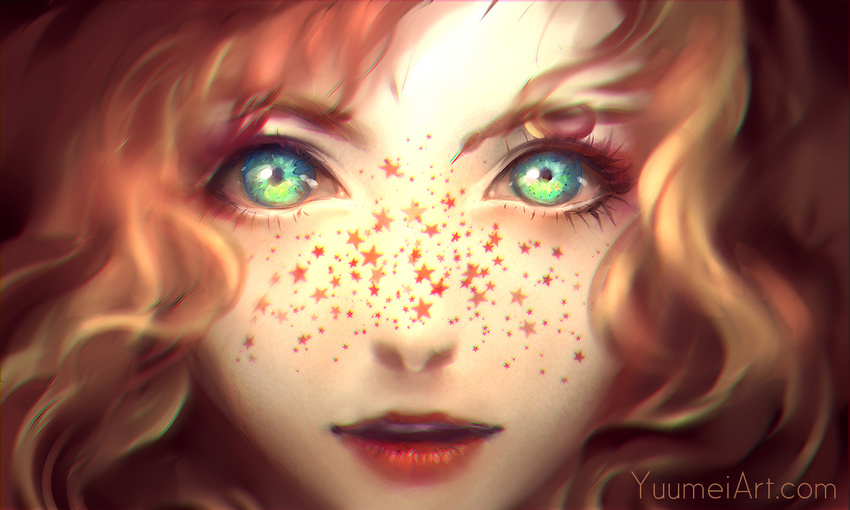 blurry close-up eyelashes face freckles green_eyes lips long_hair looking_at_viewer original parted_lips red_hair red_lips solo star watermark web_address wenqing_yan