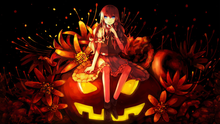 bangs black_background black_vest blonde_hair blue_eyes braid collared_shirt commentary_request dead_line finger_to_mouth flower food fruit hair_over_shoulder halloween highres jack-o'-lantern kirisame_marisa legs light light_particles long_hair long_sleeves looking_at_viewer md5_mismatch mini-hakkero no_hat no_headwear orange_(color) ribbon shirt single_braid sitting skirt smile solo spider_lily touhou vest white_shirt