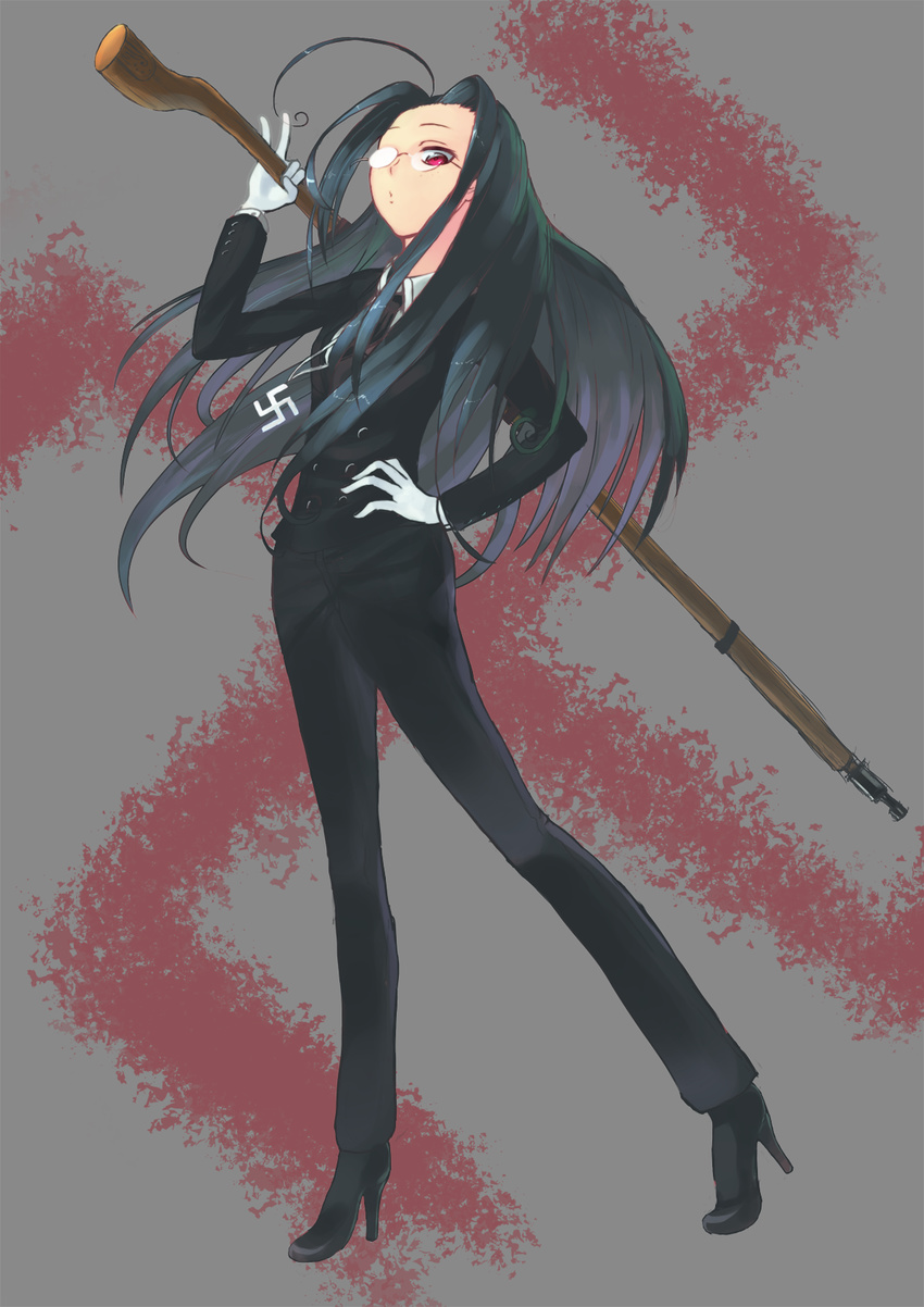 black_hair formal full_body glasses gloves gun hellsing high_heels highres kotoribako long_hair musket necktie red_eyes rip_van_winkle simple_background solo suit swastika uniform weapon