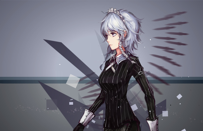 alternate_costume apron black_gloves braid breasts chen_feng_si gloves highres izayoi_sakuya knife koumajou_densetsu koumajou_densetsu_2 maid_headdress medium_breasts shirt short_hair silhouette silver_eyes silver_hair skirt solo touhou twin_braids