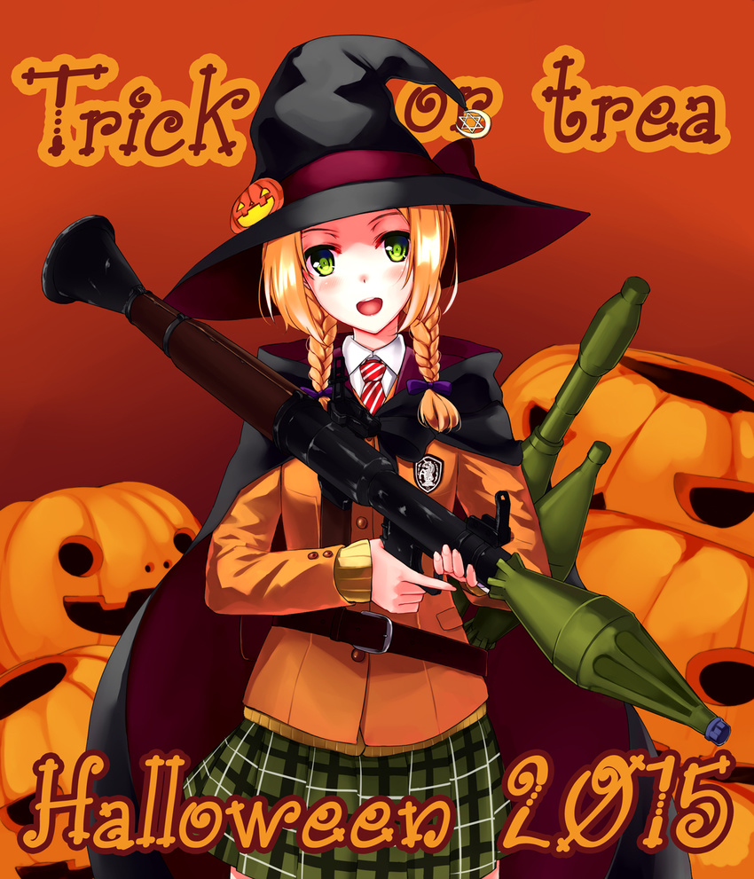 blonde_hair braid green_eyes gun hair_over_shoulder halloween hat highres jack-o'-lantern long_hair looking_at_viewer mizuki_(mizuki_ame) open_mouth original pumpkin rocket_launcher rpg rpg-7 school_uniform skirt smile solo twin_braids weapon witch_hat