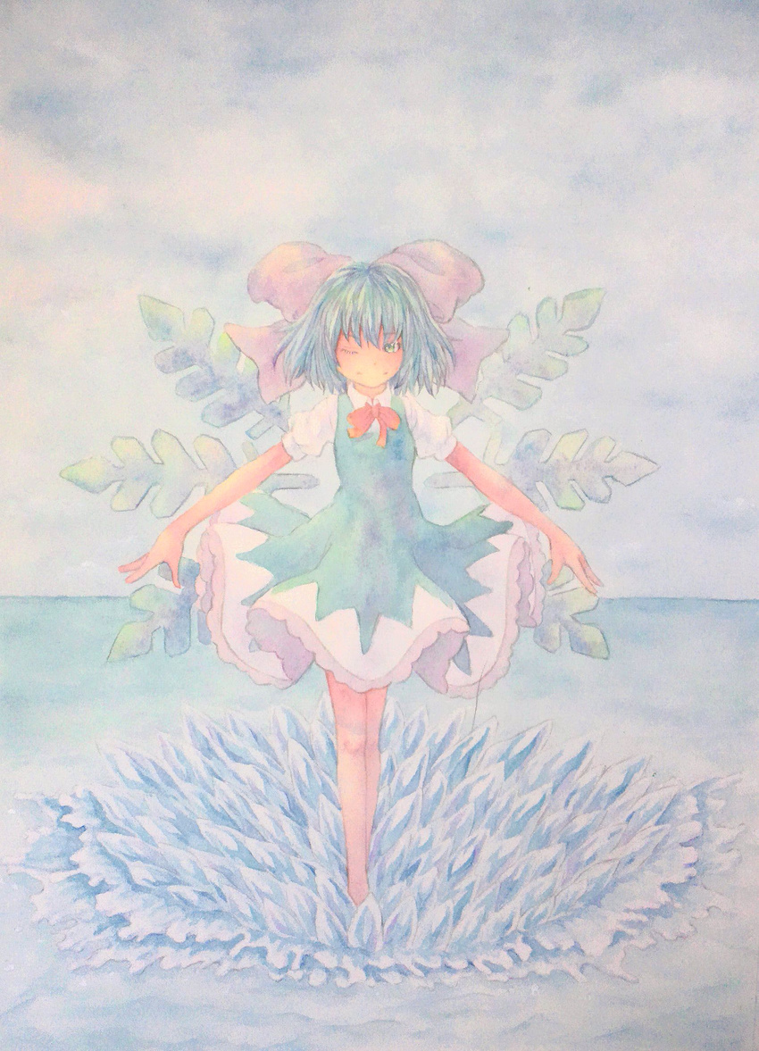 alternate_wings barefoot blue_dress blue_eyes blue_hair bow cirno cloud cloudy_sky dress full_body hair_bow highres ice ice_wings large_bow light_smile looking_at_viewer miniskirt one_eye_closed outdoors outstretched_arms pink_sky puffy_short_sleeves puffy_sleeves red_bow red_ribbon ribbon short_hair short_sleeves skirt sky snowflakes solo standing touhou traditional_media water watercolor_(medium) wings yuyu_(00365676)