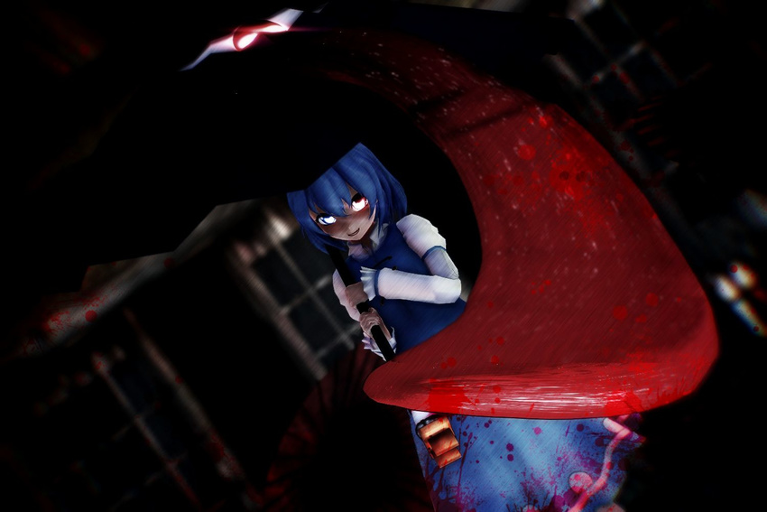 3d blood bloody_clothes blue_eyes commentary_request glowing glowing_eyes karakasa_obake long_tongue mikumikudance solo tatara_kogasa tatara_kogasa_(umbrella) tongue touhou umbrella yasiro_(oyasiro35)