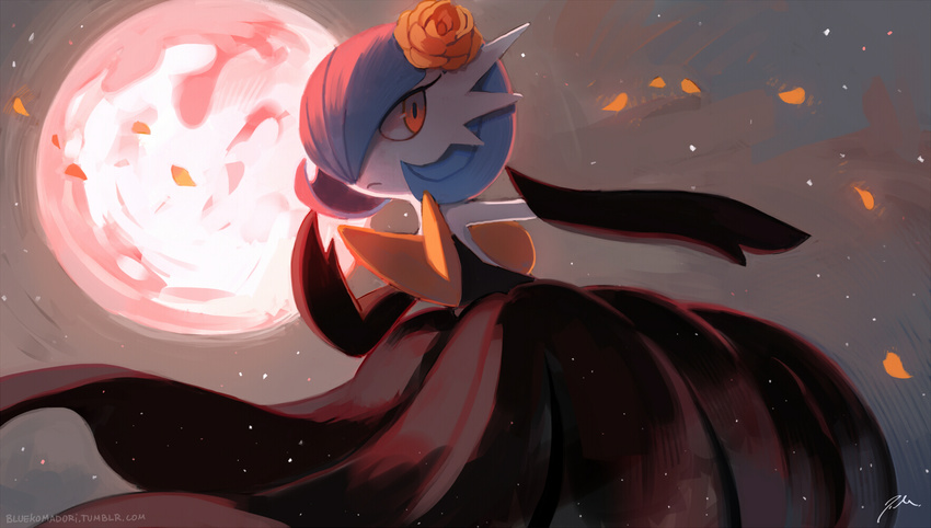 blue_hair bluekomadori clothing dress female flower flower_in_hair gardevoir hair humanoid mega_evolution mega_gardevoir moon night nintendo outside petal plant pok&eacute;mon red_eyes red_moon shiny_pok&eacute;mon sky solo star video_games