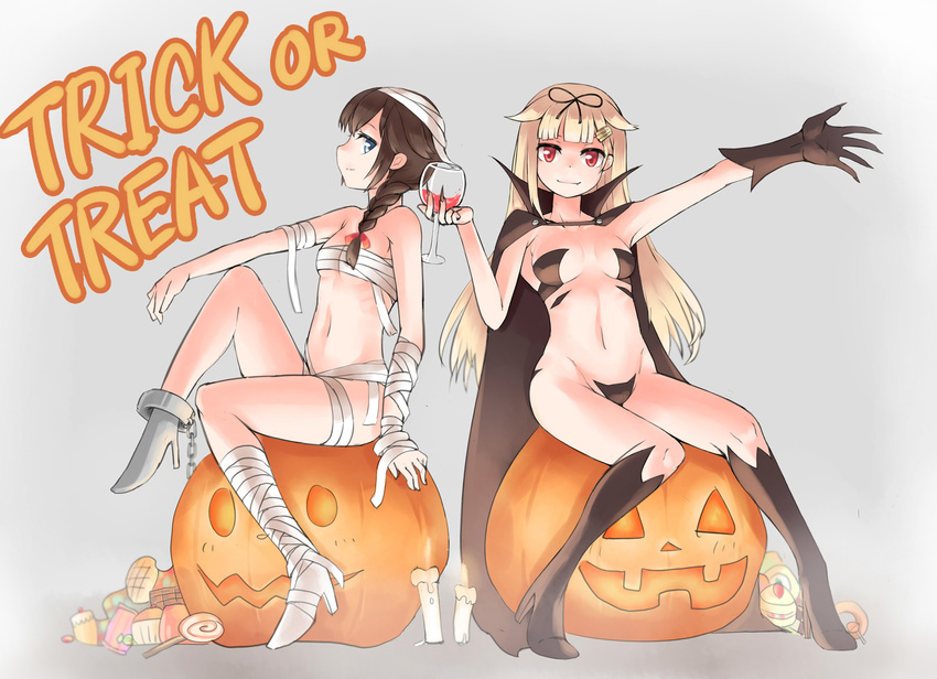 bandages black_gloves blonde_hair boots braid breasts brown_hair budget_sarashi candle candy cape chain collarbone cuffs cup cupping_glass drinking_glass fang_out fingernails food full_body gloves grey_background hair_flaps hair_ornament hair_ribbon hairclip halloween haru_(renol) highres jack-o'-lantern kantai_collection long_fingernails long_hair looking_at_viewer mismatched_footwear multiple_girls mummy_costume naked_bandage naked_cape navel outstretched_arm outstretched_hand profile pumpkin red_eyes remodel_(kantai_collection) ribbon sarashi shackles sharp_fingernails shigure_(kantai_collection) simple_background single_braid single_glove sitting small_breasts smile trick_or_treat vampire wine_glass yuudachi_(kantai_collection)