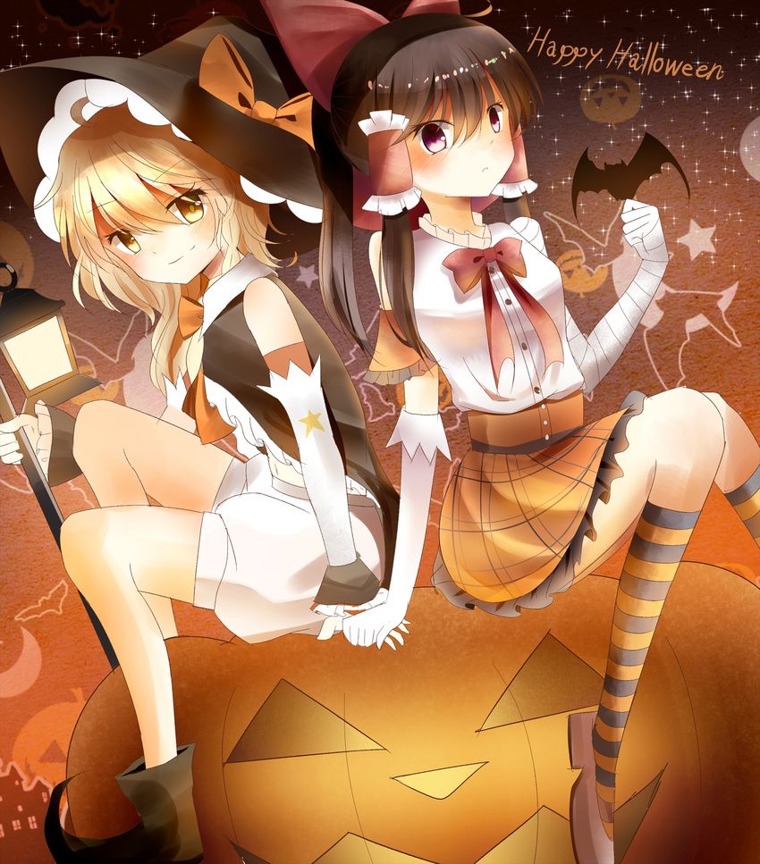 bandages bat blonde_hair bow detached_sleeves hair_bow hair_tubes hakurei_reimu halloween halloween_costume happy_halloween hat hat_bow highres holding_hands indo_(mdtanaka2007) jack-o'-lantern kirisame_marisa long_sleeves looking_at_viewer multiple_girls puffy_shorts shirt shorts sitting sitting_on_object skirt smirk striped striped_legwear touhou witch_hat