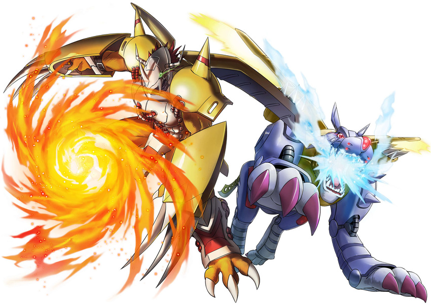 claws digimon digimon_world_-next_0rder- fireball glowing glowing_eyes green_eyes helmet horns metalgarurumon monster no_humans official_art open_mouth red_eyes red_hair simple_background teeth tongue wargreymon watanabe_kenji white_background