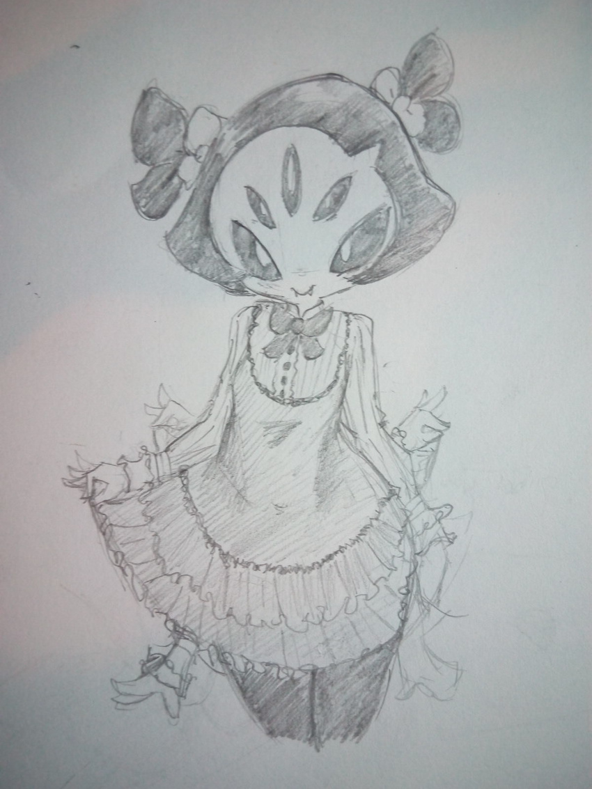 arachnid arthropod clothing dress fangs female looking_at_viewer monochrome muffet multi_limb multiple_eyes pigtails solo spider undertale video_games vono