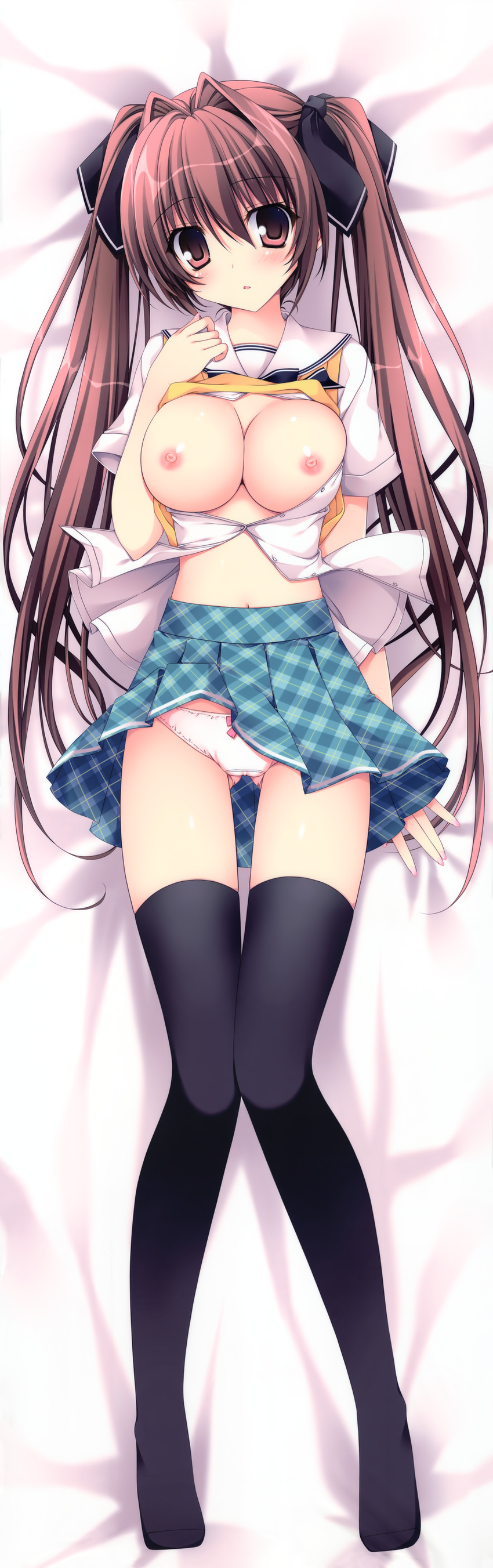 :o absurdres bed_sheet black_legwear blue_skirt breasts breasts_outside brown_eyes brown_hair dakimakura from_above full_body hair_ribbon highres huge_filesize large_breasts long_hair looking_at_viewer midriff nanaroba_hana navel nipples open_clothes open_shirt panties parted_lips pink_panties plaid plaid_skirt ribbon school_uniform shirt short_sleeves skirt skirt_lift solo sweater_vest thigh_gap thighhighs twintails underwear upskirt very_long_hair white_shirt