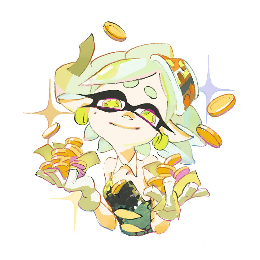 1girl between_breasts breasts coin commentary_request detached_collar earrings eyelashes gloves highres hotaru_(splatoon) inoue_seita jewelry money object_on_head official_art simple_background solo sparkle splatoon_(series) splatoon_1 upper_body white_background white_gloves yellow_eyes