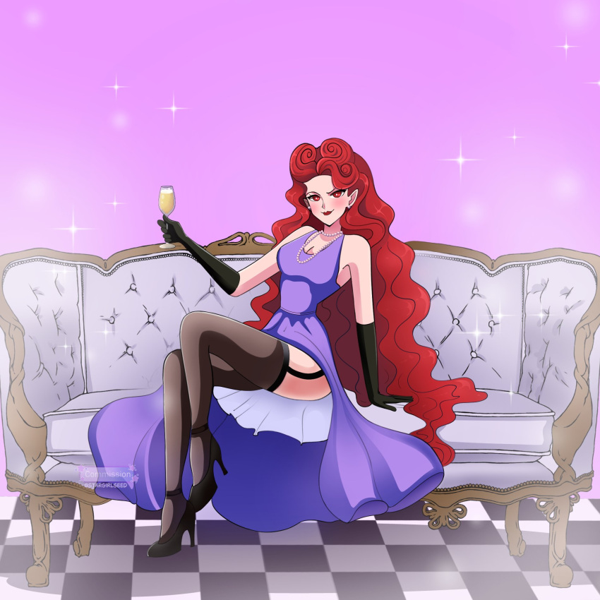 1girl alcohol alternate_costume bishoujo_senshi_sailor_moon bishoujo_senshi_sailor_moon_(first_season) bishoujo_senshi_sailor_moon_supers champagne dress garter_straps high_heels highres jewelry long_hair looking_at_viewer necklace pearl_necklace pointy_ears purple_dress queen_beryl red_eyes red_hair sitting smile solo stargirlseed thighhighs very_long_hair