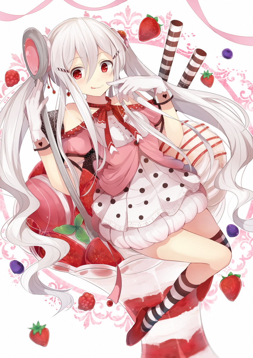 :p bare_shoulders berries blueberry bubble_skirt food fruit gloves hair_between_eyes hair_ornament hairclip heart heart-shaped_pupils highres hiiragi_souren ice_cream kneehighs long_hair original pink_gloves raspberry red_eyes red_footwear shoes skirt smile solo spoon strawberry striped striped_legwear symbol-shaped_pupils tongue tongue_out twintails white_hair