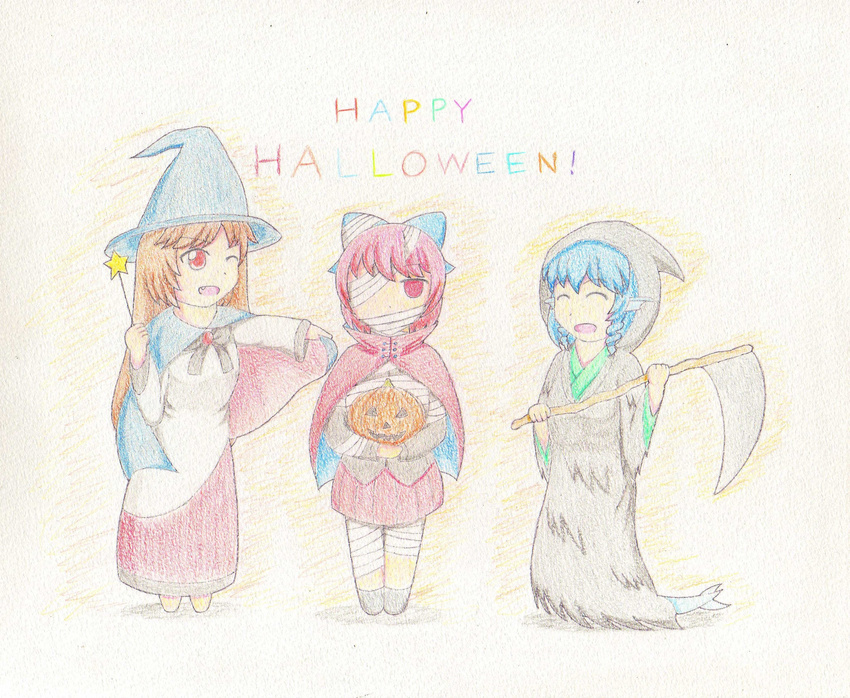 absurdres black_footwear black_shirt blue_hair bow brooch brown_hair cape cloak colored_pencil_(medium) covering_one_eye curly_hair dress fang grass_root_youkai_network hair_bow halloween happy_halloween hat highres imaizumi_kagerou japanese_clothes jewelry kimono laughing long_hair looking_at_viewer mermaid monster_girl multiple_girls mummy_costume ne-sugi one_eye_closed open_mouth red_dress red_eyes red_hair red_skirt scythe sekibanki shirt shoes short_hair skirt standing star touhou traditional_media wakasagihime wand white_dress witch witch_hat