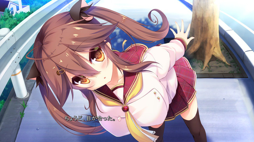 :o bent_over black_legwear blush breasts brown_eyes brown_hair collarbone day hair_between_eyes hair_ornament hairclip house large_breasts looking_at_viewer outdoors outstretched_arms pink_shirt pleated_skirt red_skirt road sailor_collar shirt sidewalk skirt solo syroh thighhighs translated tree two_side_up watashi_ga_suki_nara_"suki"_tte_itte! yataka_chiho zettai_ryouiki