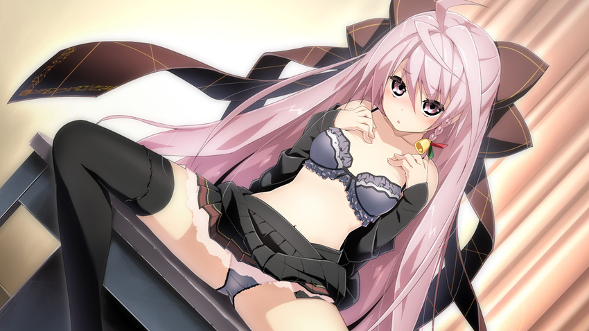 ahoge akata_itsuki alpha_(kokoro_rista) bell black_legwear bow bra braid dutch_angle frilled_bra frills game_cg grey_bra grey_panties hair_bell hair_between_eyes hair_bow hair_ornament hands_on_own_chest indoors kokoro_rista! long_hair off_shoulder panties parted_lips pink_eyes pink_hair pleated_skirt side_braid skirt skirt_lift solo spread_legs thighhighs underwear very_long_hair