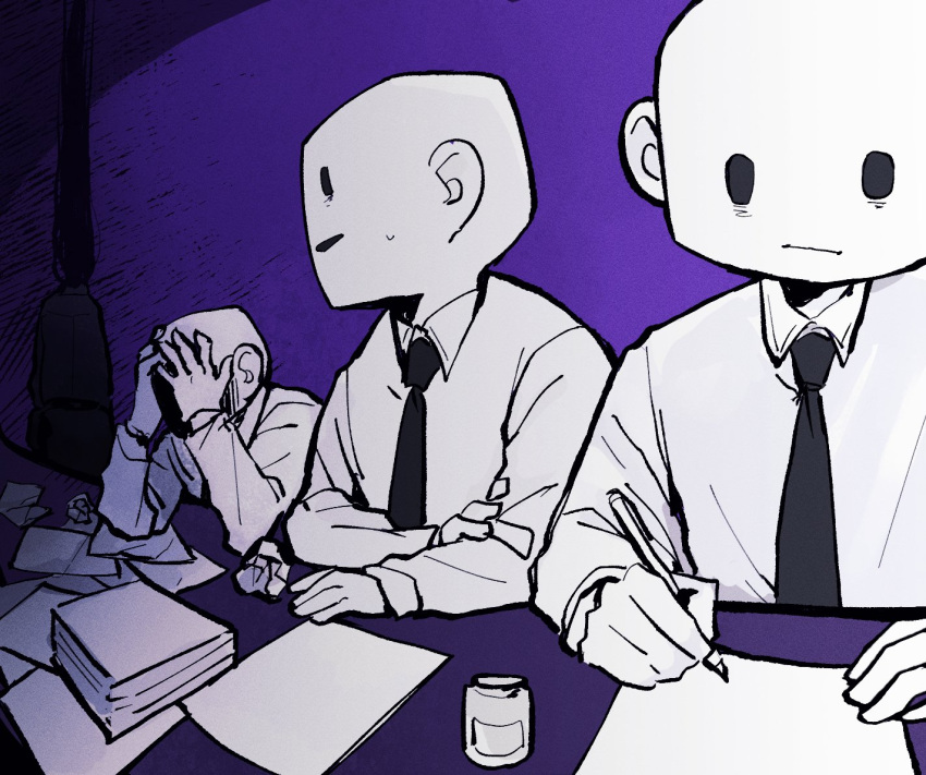 4boys :/ body_horror burnt_(off) closed_mouth collared_shirt commentary crumpled_paper elsen_(off) english_commentary hands_on_own_face holding holding_pen long_sleeves male_focus multiple_boys off_(game) paper paper_stack pen shirt sitting solid_oval_eyes table utsui0815 wing_collar writing