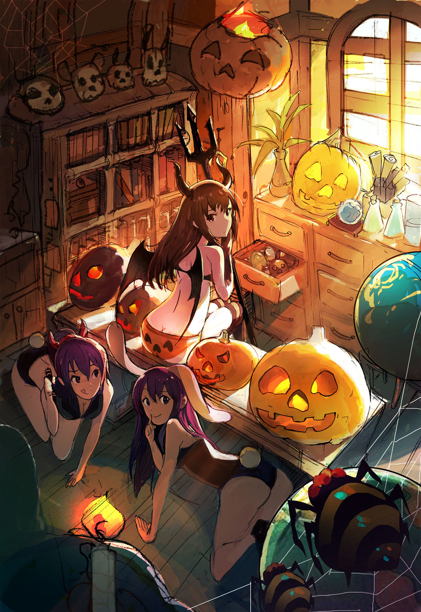 :q all_fours animal_ears bangs bare_back bare_legs bench bookshelf breasts brown_eyes brown_hair bug bunny_ears bunny_girl bunny_tail bunnysuit butt_crack cabinet candle chest_of_drawers cleavage demon_girl demon_horns demon_wings erlenmeyer_flask fake_horns finger_to_mouth hairband halloween highres holding horns indoors jack-o'-lantern leotard long_hair looking_at_viewer looking_back marker medium_breasts midriff multiple_girls on_floor open_drawer original over-kneehighs panties plant polearm ponytail pumpkin pumpkin_panties purple_hair scroll seiji1209 silk sitting sketch skull smile spider spider_web striped striped_legwear sunlight tail thighhighs tongue tongue_out trident underwear vase weapon window wings wooden_floor