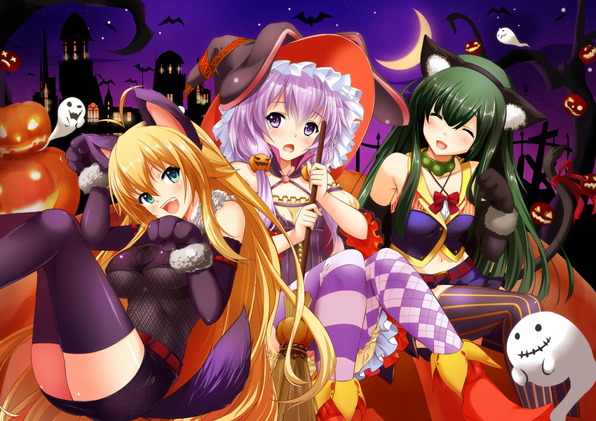 animal_costume animal_ears bangs bat belt blonde_hair blush bow broom bug_(artist) checkered checkered_legwear collar crescent_moon detached_sleeves dress elbow_gloves fang fang_out fluff food_themed_hair_ornament frills ghost gloves green_eyes green_hair hair_ornament halloween halloween_costume hat highres long_hair looking_at_viewer low_twintails moon multiple_girls night night_sky open_mouth paws pumpkin pumpkin_hair_ornament purple_eyes purple_hair red_bow red_ribbon ribbon sky smile striped striped_legwear tail tail_ribbon thighhighs touhoku_zunko tsurumaki_maki twintails very_long_hair vest vocaloid voiceroid witch_hat yuzuki_yukari