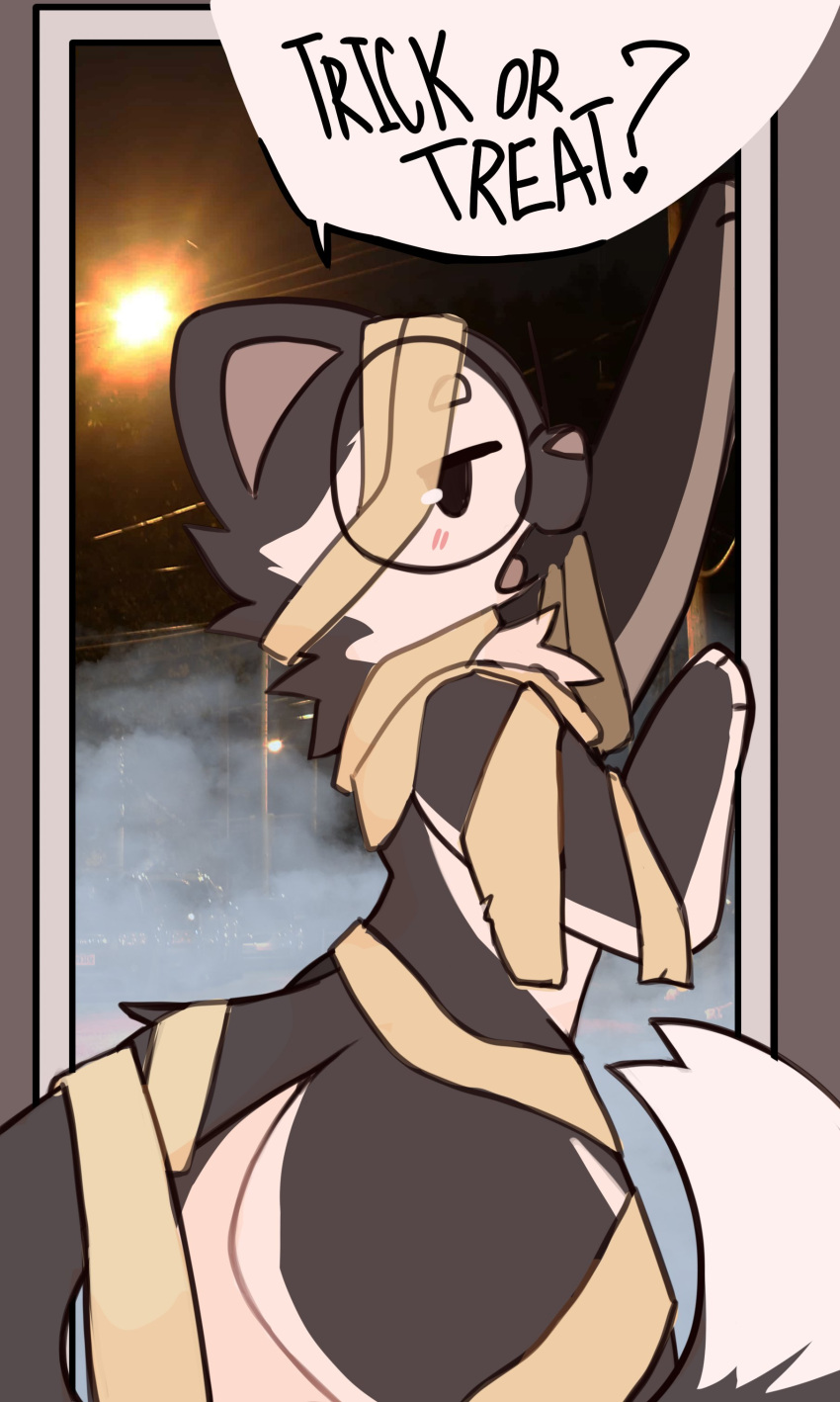 2025 absurd_res anthro big_butt black_body black_fur blush blush_lines butt cetacean curled_tail detailed_background dipstick_tail dolphin domestic_cat english_text eyebrows eyewear felid feline felis femboy flirting flirting_with_viewer fluffy fluffy_tail foggy_background fur gelboretsu glasses half-closed_eyes halloween hands_on_wall hi_res holidays hybrid long_tail looking_at_viewer male mammal marine markings mostly_nude multicolored_body multicolored_fur mummy_costume mummy_wrappings narrowed_eyes oceanic_dolphin open_mouth orca oreo_(gelboretsu) paws photo_background photography_(artwork) pink_nose portrait round_glasses side_view solo speech_bubble tail tail_markings text three-quarter_portrait toothed_whale white_body white_eyebrows white_fur