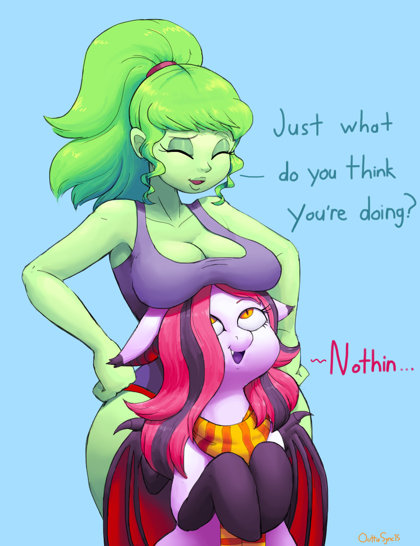 anon armpits arrhythmia bat_pony bat_wing breasts cleavage clothed clothing dialogue duo equine eyes_closed fan_character female feral friendship_is_magic green_hair green_skin hair hair_over_eye hands_on_hips horse human legwear looking_up mammal multicolored_hair my_little_pony open_mouth outta_sync pony ponytail scarf smile socks two_tone_hair underwear