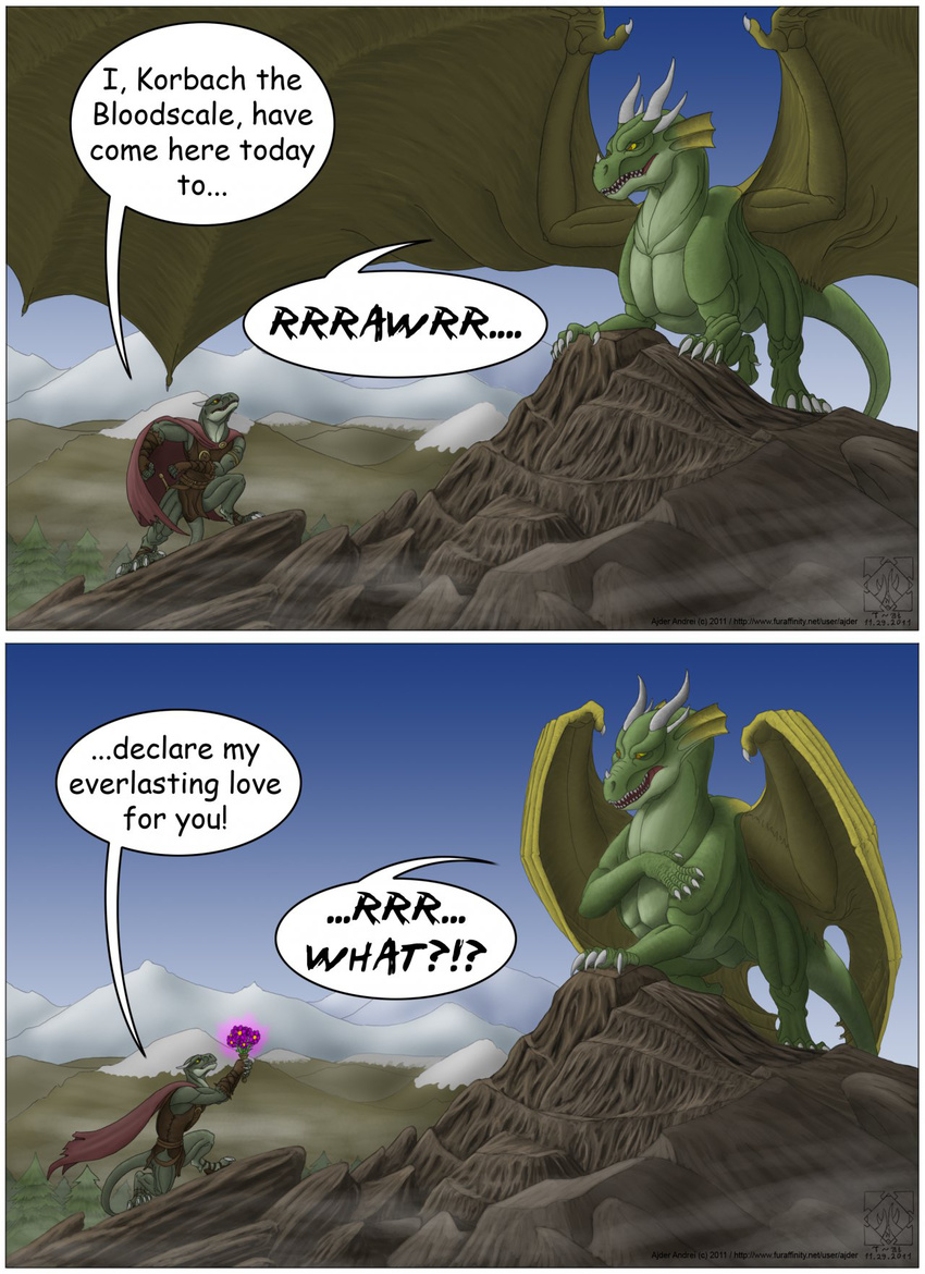 2011 ajder ambiguous_gender angry argonian claws comic dialogue dragon english_text flower horn humor male mountain plant scalie tagme text the_elder_scrolls video_games western_dragon wings