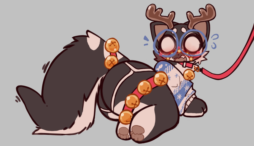 2025 4_toes accessory anthro athletic_wear barefoot bell bell_collar bell_on_tail big_butt black_body black_bottomwear black_clothing black_fur black_shorts blue_clothing blue_eyewear blue_glasses blue_sweater blue_topwear blush blushing_profusely bodily_fluids bottomwear butt cetacean christmas christmas_clothing christmas_sweater christmas_topwear clothing collar dolphin domestic_cat emanata embarrassed eyebrows eyewear fake_antlers fake_horns feet felid feline felis femboy fluffy fluffy_tail fur furgonomics gelboretsu glasses grey_background gym_bottomwear gym_shorts hi_res holidays hybrid leash leashed_collar looking_at_viewer lying male mammal marine multicolored_body multicolored_fur no_pupils oceanic_dolphin on_side open_mouth orca oreo_(gelboretsu) pawpads rear_view red_collar round_glasses shorts simple_background solo sweat sweatdrop sweater tail tail_accessory toes toothed_whale topwear white_body white_clothing white_eyebrows white_eyes white_fur white_sweater white_topwear widescreen