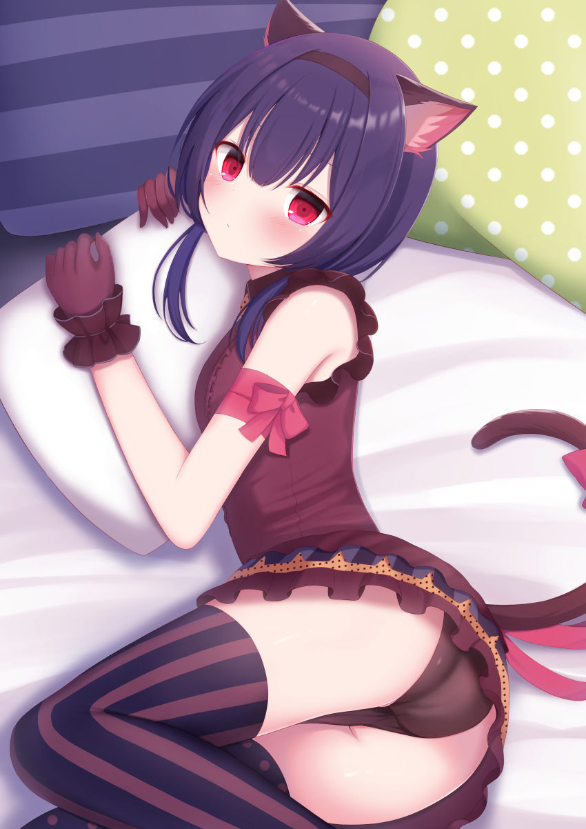1girl absurdres animal_ears arm_ribbon ass bangs bare_shoulders bed black_legwear black_panties blush breasts cat_ears cat_tail closed_mouth commentary_request crotch_seam dress firepo frilled_dress frills gloves hair_between_eyes hairband hands_up head_tilt highres idolmaster idolmaster_shiny_colors looking_at_viewer looking_up lying mismatched_legwear morino_rinze on_bed on_side panties pillow pillow_hug pink_ribbon polka_dot polka_dot_legwear purple_dress purple_gloves purple_hair red_eyes ribbon shiny shiny_hair short_hair short_twintails small_breasts solo striped striped_legwear tail thighhighs twintails underwear