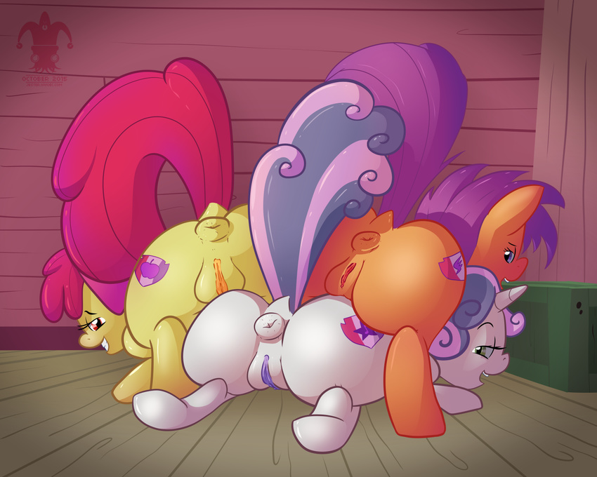 anus apple_bloom_(mlp) blargsnarf butt cutie_mark cutie_mark_crusaders_(mlp) dock equine female feral friendship_is_magic group hair half-closed_eyes hi_res horn horse lying mammal my_little_pony on_front on_top open_mouth pegasus pony presenting presenting_hindquarters purple_hair pussy raised_tail scootaloo_(mlp) sweetie_belle_(mlp) unicorn wings