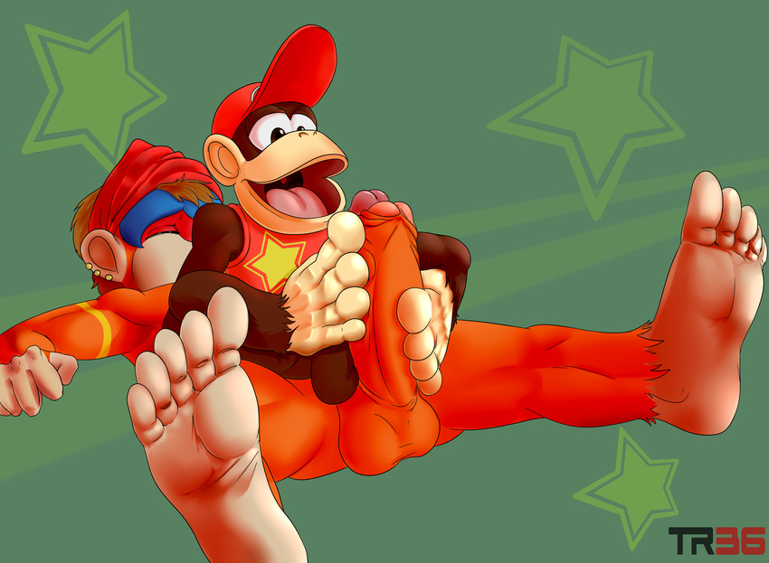 diddy_kong donkey_kong_(series) duo foot_fetish footjob hat lying male male/male mammal monkey nintendo on_back open_mouth orgasm penis primate sex soles toes trooper036 video_games