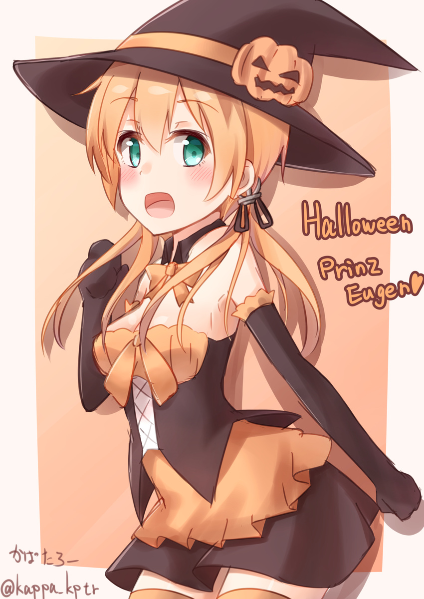 :d absurdres alternate_costume anchor_hair_ornament blonde_hair hair_ornament halloween halloween_costume hat heart highres kantai_collection kapatarou open_mouth prinz_eugen_(kantai_collection) smile solo twintails twitter_username witch_hat