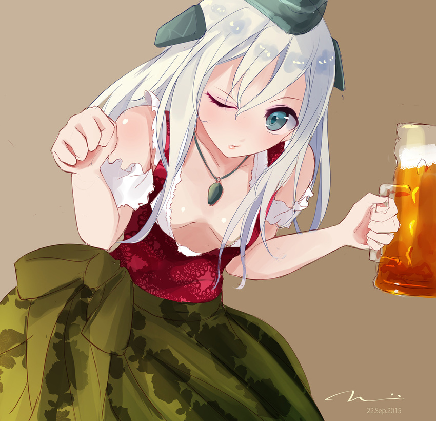 ;o alcohol beer blue_eyes breasts commentary_request cup dirndl downblouse german_clothes hat highres kantai_collection mug one_eye_closed small_breasts solo tebi_(tbd11) u-511_(kantai_collection) white_hair