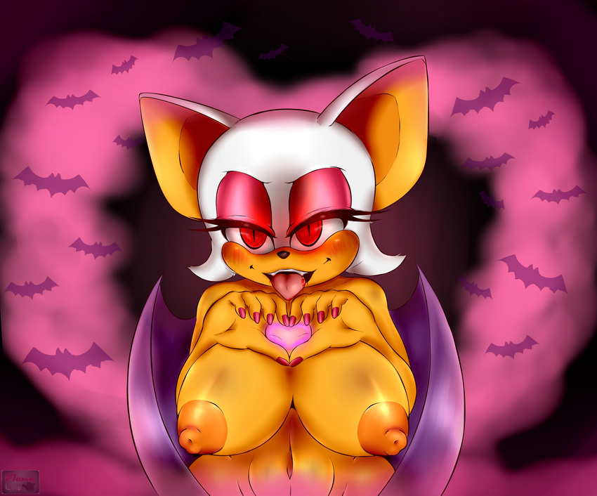 2015 absurd_res anthro big_breasts blood blush breasts eyeshadow female flame-lonewolf fur hi_res invalid_tag looking_at_viewer makeup mammal nail_polish nipples nude open_mouth red_eyes rouge_the_bat solo sonic_(series) teeth video_games white_fur wings