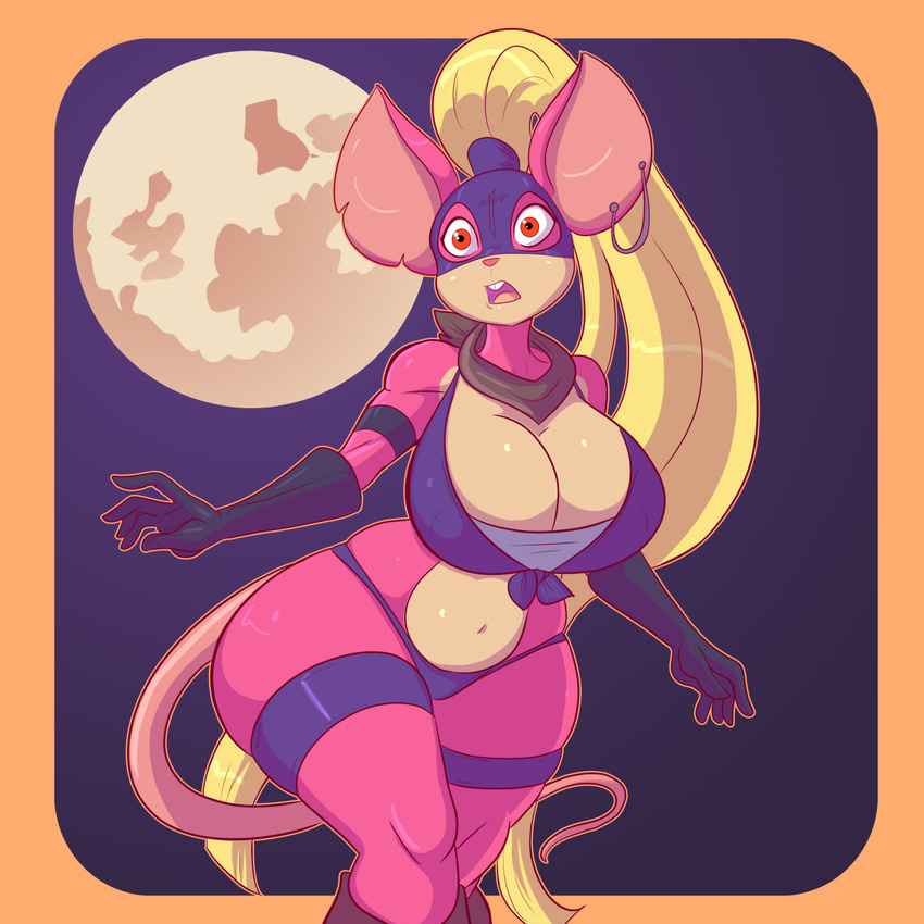2015 anthro big_breasts breasts cleavage clothed clothing erect_nipples female full_moon halloween holidays jaeh mammal moon mouse nipple_bulge nipples rodent solo